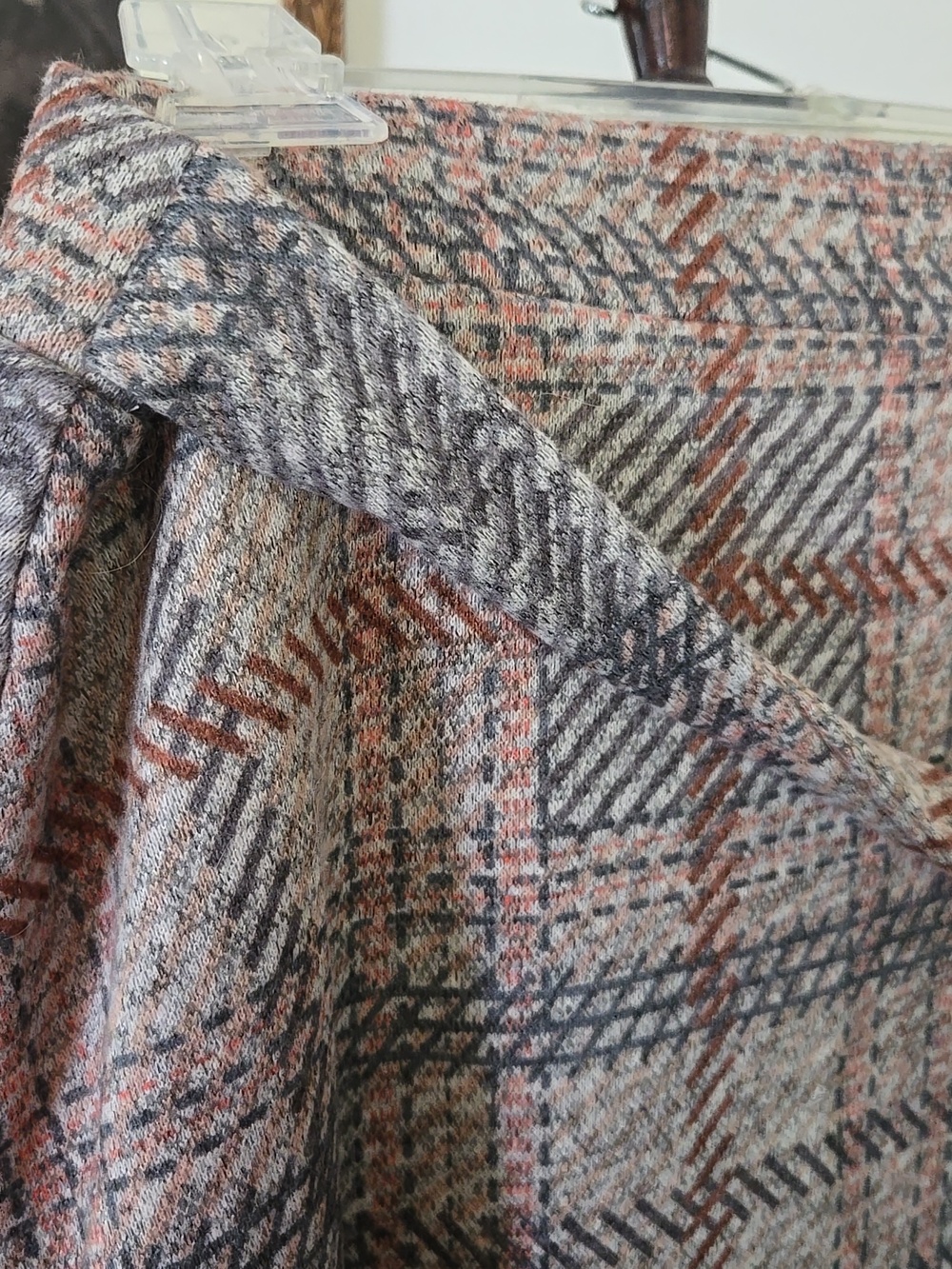 NYCC Plaid Knit Skirt in Taupe, Rust, and Gray, Attached Tie Belt. - Picture 2 of 5